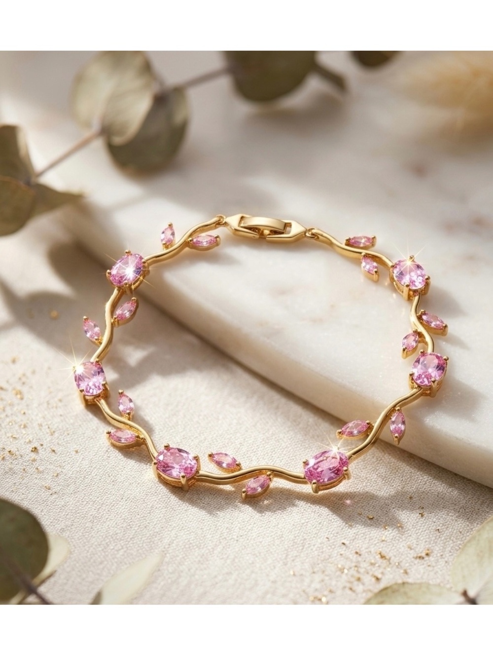 18KGP Elegant Bracelet with Pink Gemstone Accents, Delicate Leaf Design -  NWOT